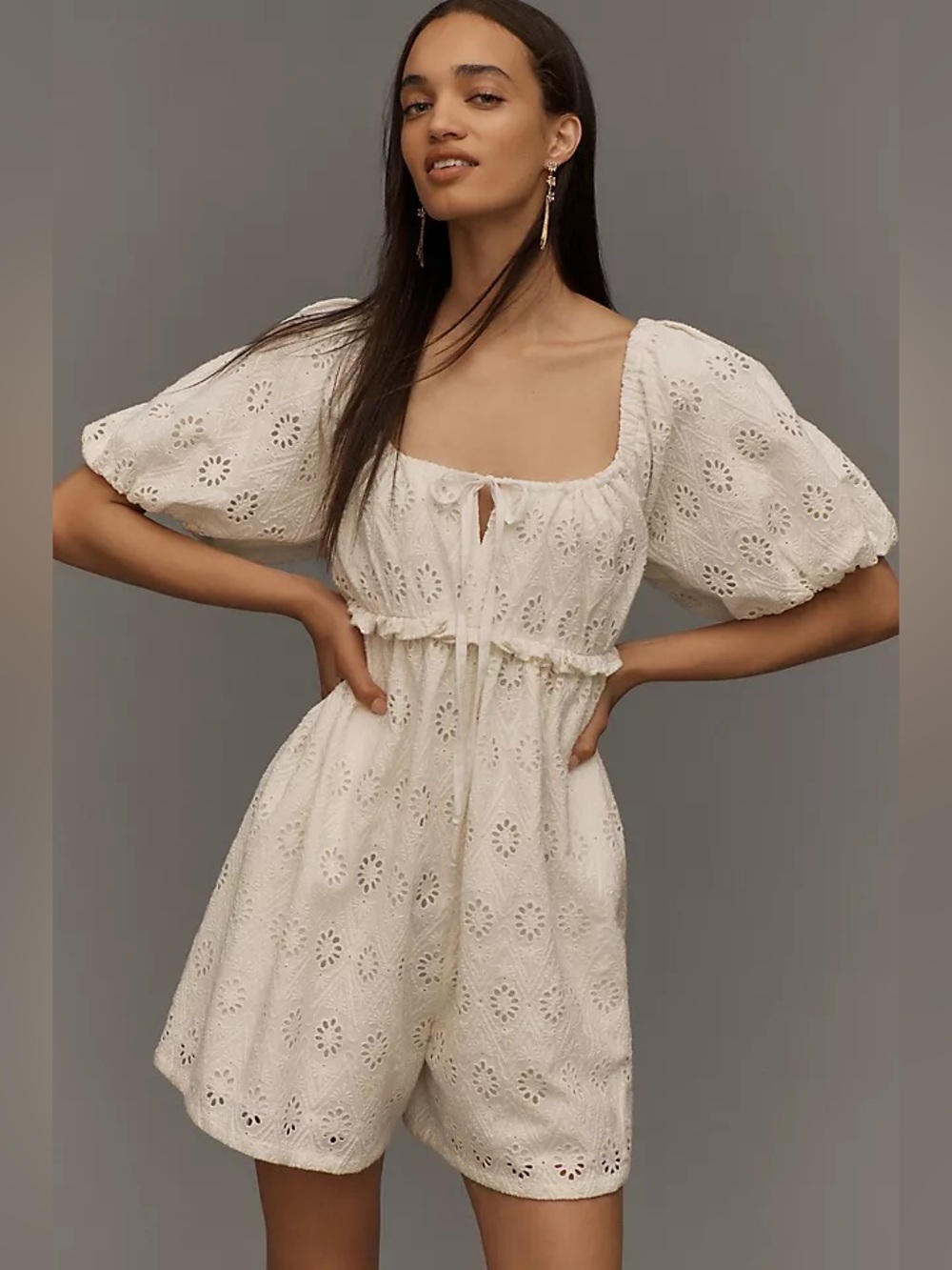 PILCRO White Eyelet Cotton Romper Size Small Puff Sleeve Cottagecore